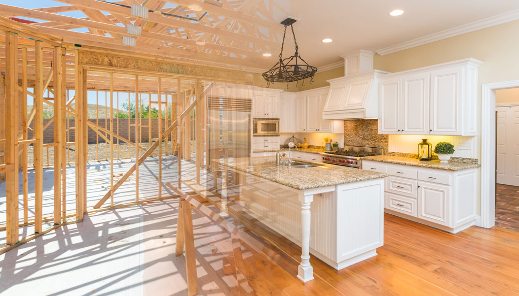 Image of a kitchen remodeling concept showing framing to full kitchen