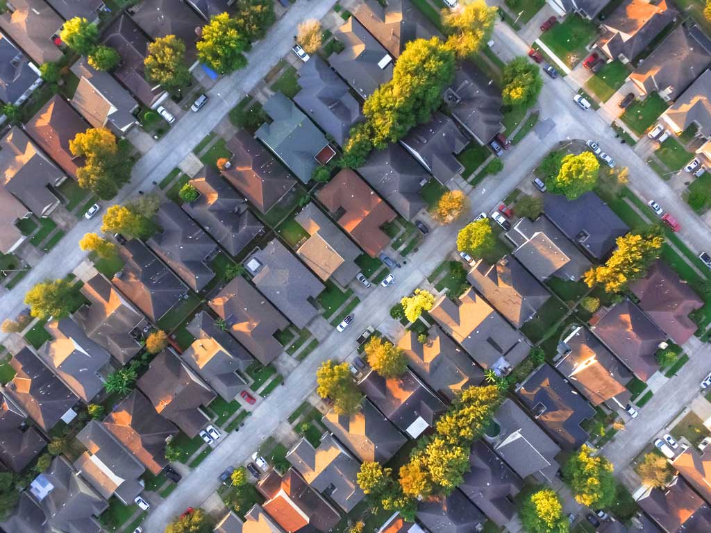 Image of a birdseye view of a suburban neighborhood