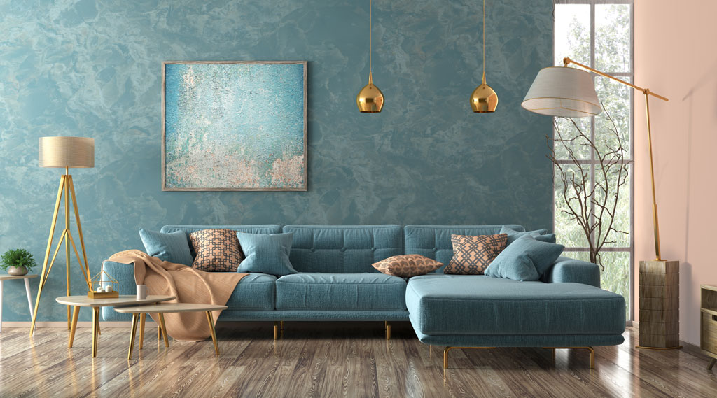 Interior image of a living room with blue color scheme