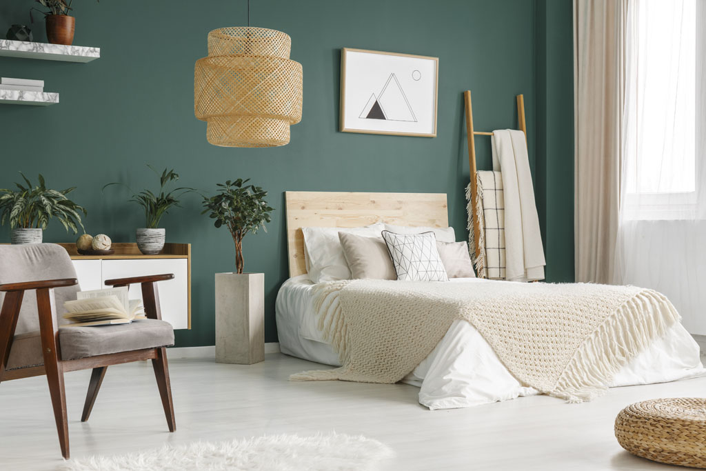 Image of a bedroom interior with a green wall color