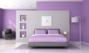 Image of a bedroom with a purple painted interior