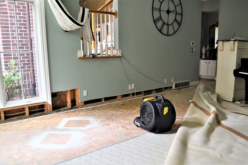 Image of a blower drying the exposed sub floor after removing the carpet due to water damage