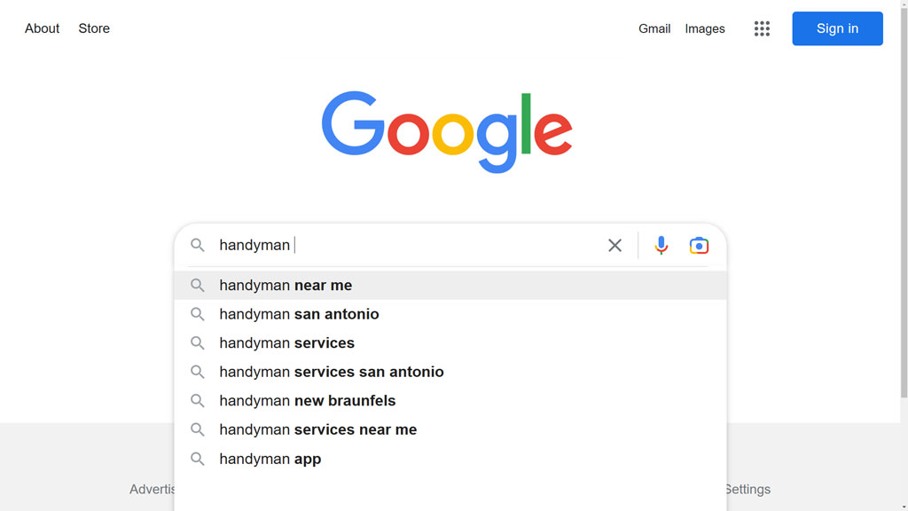 Screenshot of searching for a handyman near me on Google