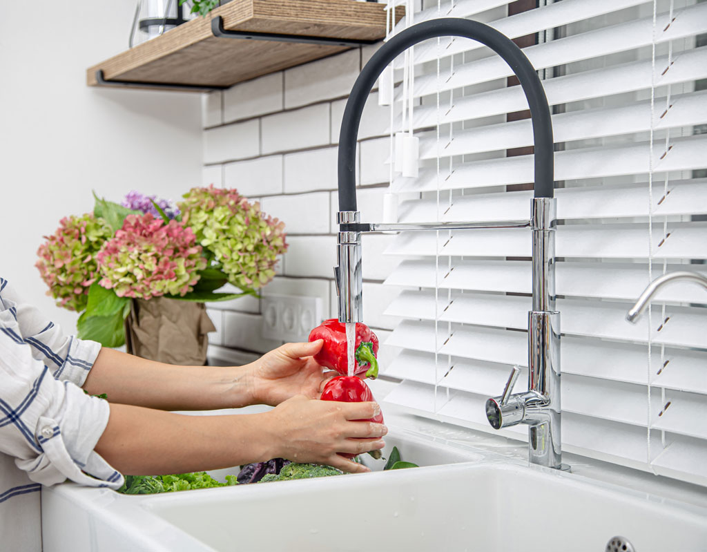 Image of a woman washing vegetables in the kitchen sink with a gooseneck faucet